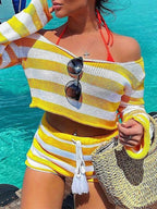 Women's Knit Off Shoulder Crop Top & Shorts Set